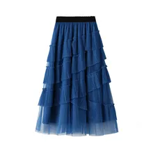 

Tulle Skirts Womens Midi Pleated Skirt Black Blue Tulle Skirt Women 2021 Spring Summer Korean Elastic High Waist Mesh Tutu Skirt