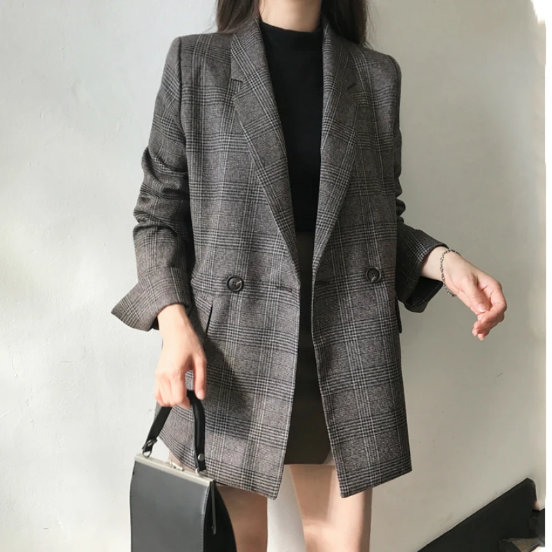 New Autumn Women Jacket Double-row two-grain plaid suit jacket plaid outwear casual turn down collar office blazer CA3463