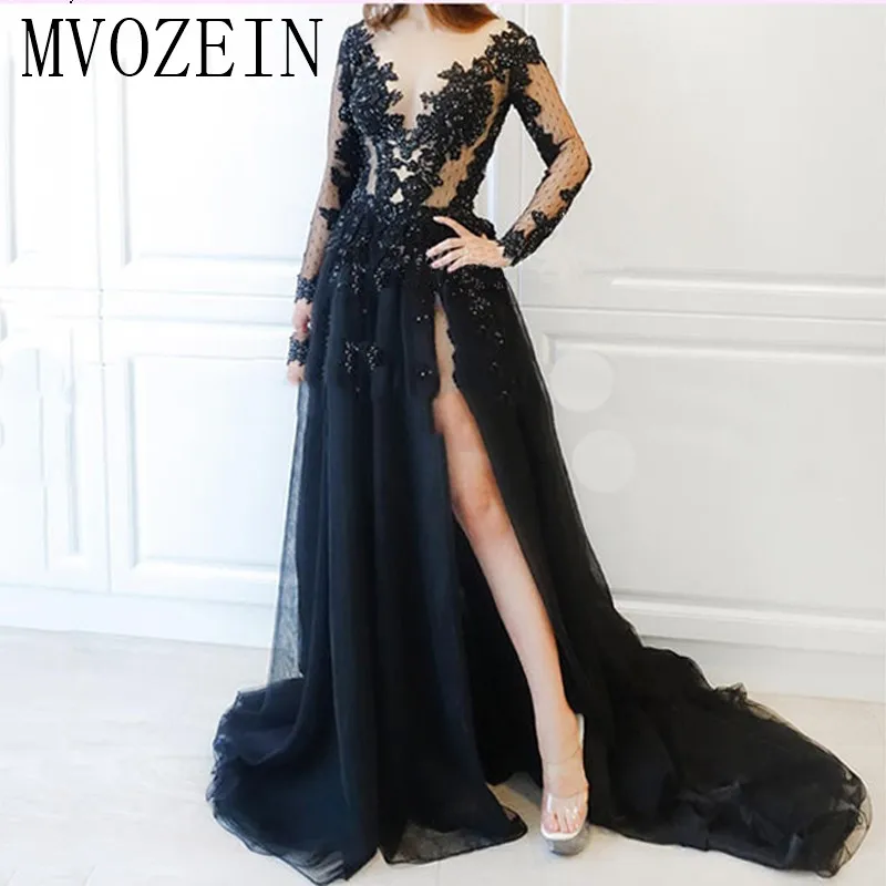

Navy Blue Evening Dresses 2019 A-line V-neck Tulle Appliques Lace Beaded Islamic Dubai Kaftan Saudi Arabic Long Evening Gown