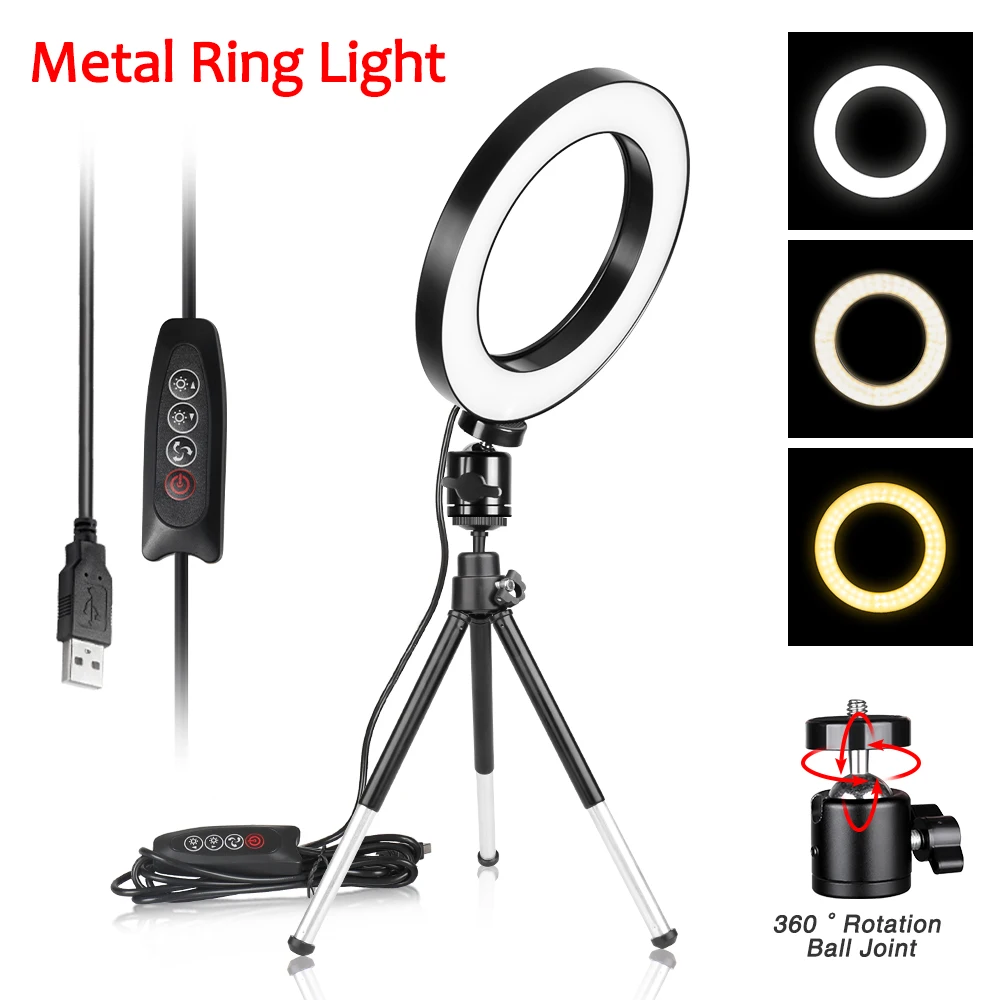 삼각대 스탠드가 있는 LED 링 라이트, 유튜브 비디오 메이크업 미니 LED 카메라 라이트, 데스크탑 LED 램프, 3 가지 조명 모드, 6 인치