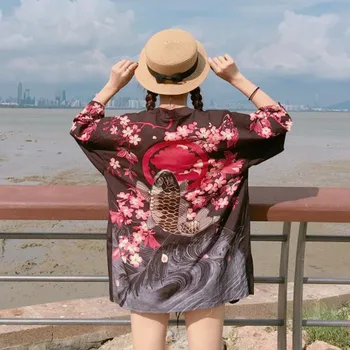 

Blouse Women Summer Harajuku Man Cardigan Japanese Cartoon Printed Loose Tops and Blouses Blusas Mujer De moda Streetwear