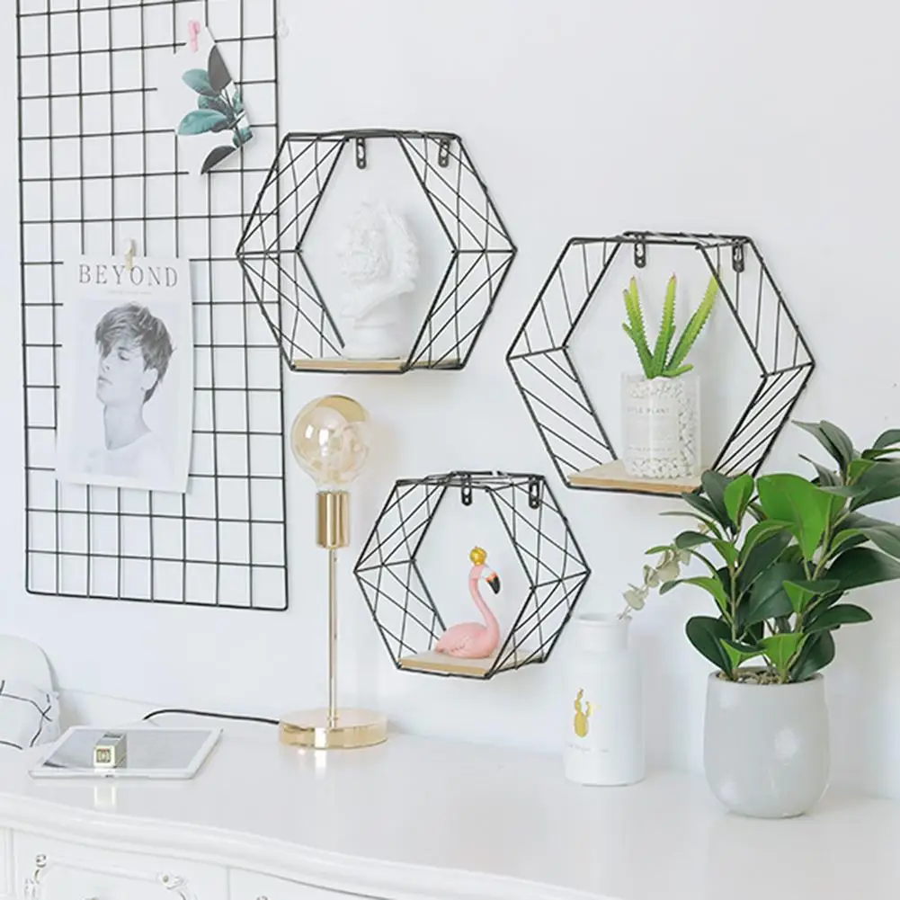 

Bedroom Office Hexagonal Grid Decorative Frame Combination Wall-Mounted Wall Decorative Frame Wood Iron Craft Wall Book Hanger