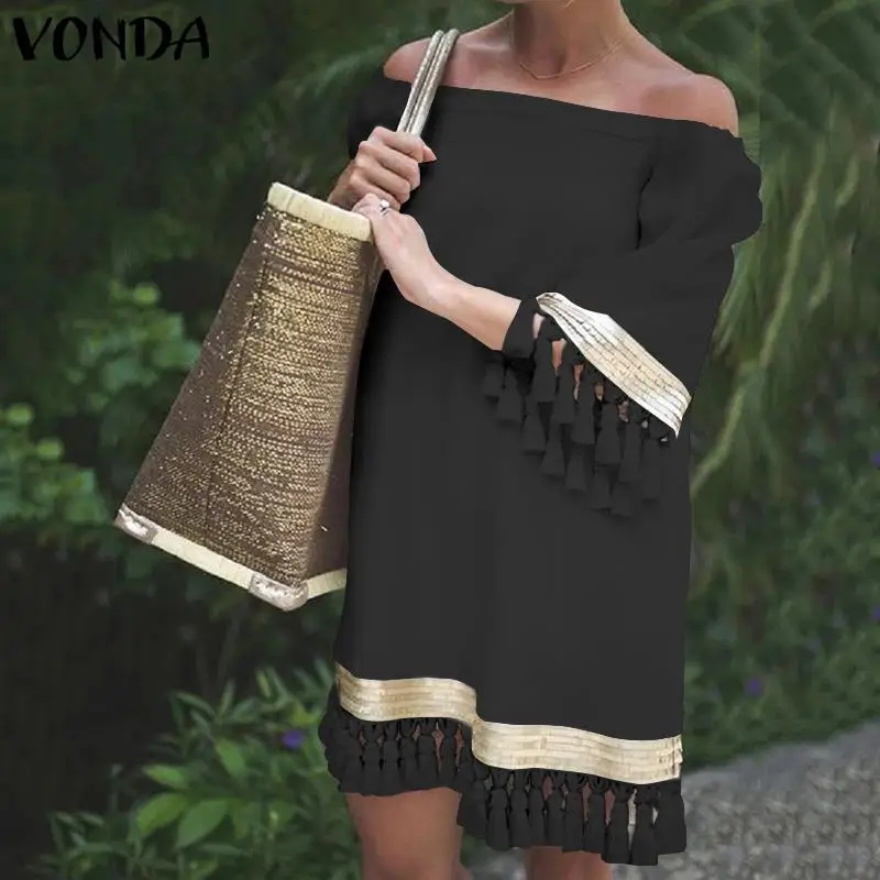 S-5XL, винтажное платье, VONDA, сексуальное, с расклешенными рукавами, в богемном стиле, Платья для вечеринок, свободные, с кисточками, кружевное, сарафан, богемный стиль, Vestidos, Одноцветный Халат