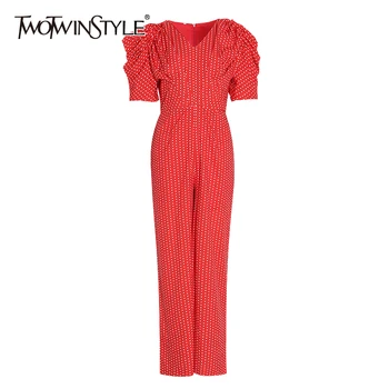 

TWOTWINSTYLE Elegant Dot Hit Color Jumpsuits Female V Neck Puff Sleeve High Waist Tunic Jumpsuit Women Clothes 2020 Fashion Tide