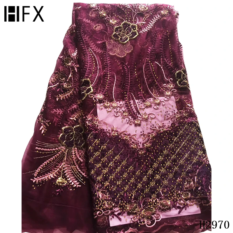 HFX новейшая нигерийская Высококачественная свадебная кружевная ткань с камнями роскошная кружевная ткань с бисером Золотая африканская ткань с вышивкой F2970