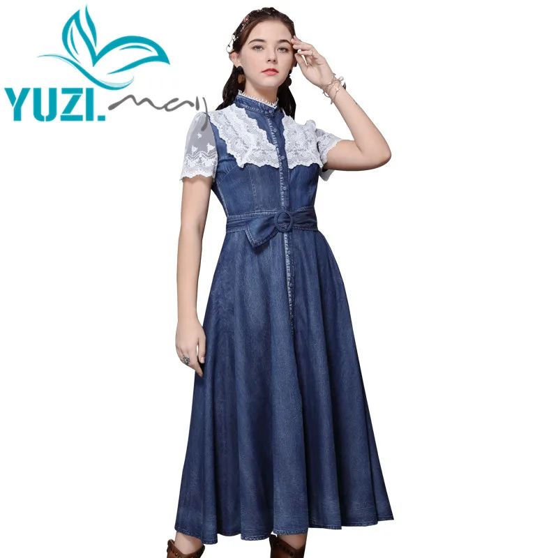 Женское джинсовое платье с воротником-стойкой Yuzi.may винтажное лоскутное коротким