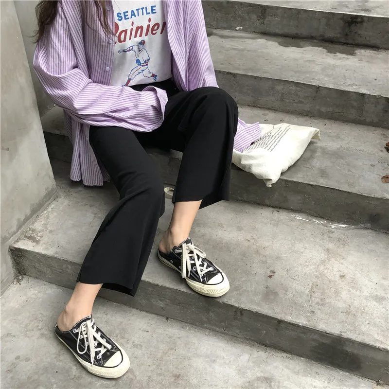 Брюки женские черные однотонные универсальные свободные штаны в Корейском стиле