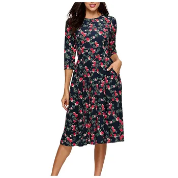 

Women'S Cropped Sleeve Dress New Sexy Round Neck Flower Print Hepburn Style Retro Vestido Fashion Casual Elegant Zippers Falda#B