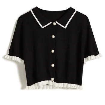 

Black Polo Shirt Women Summer Doll Collar Ice Silk Short Sleeve Short Paragraph Button Lapel Polos Mujer De Moda 2020