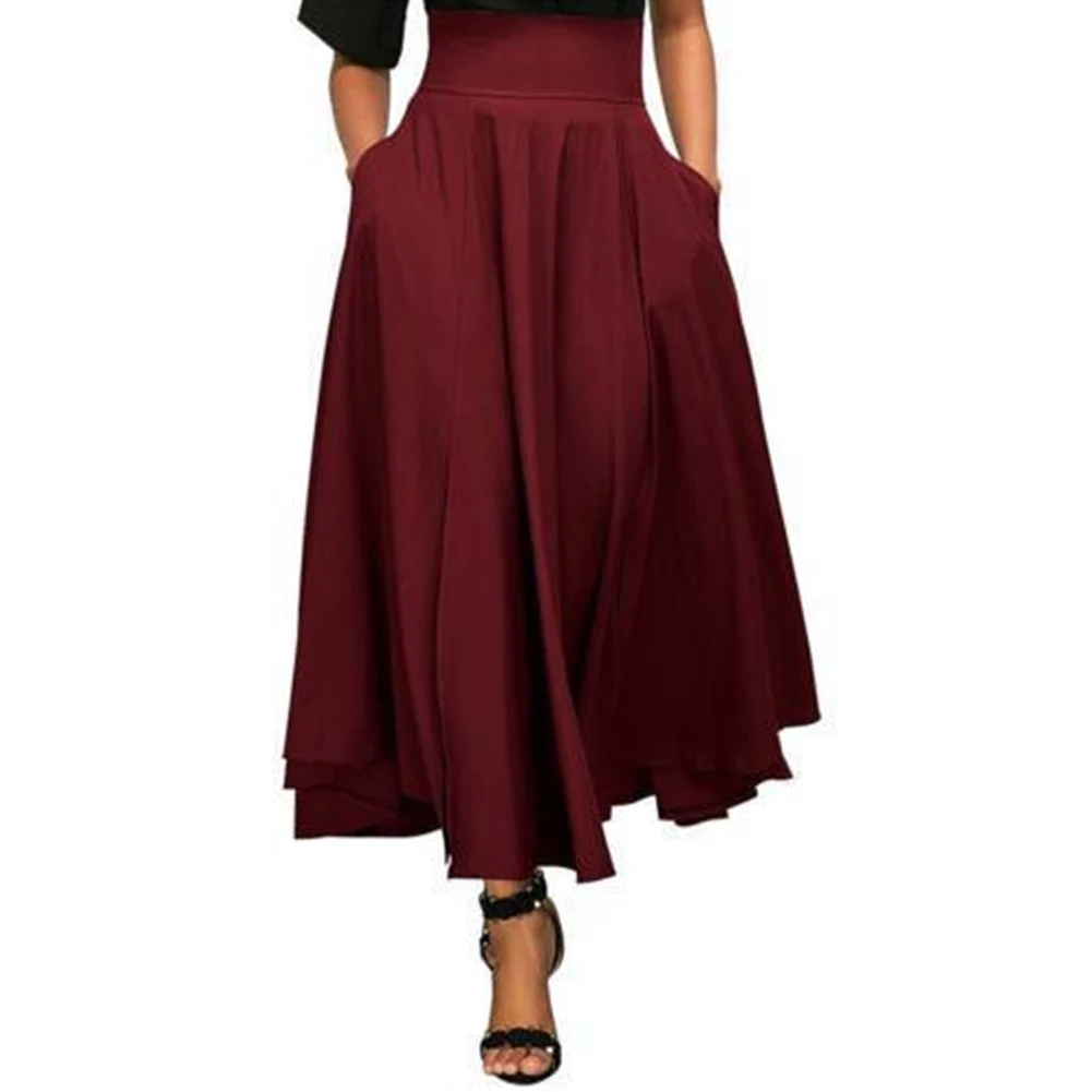 S-2xl, повседневные длинные юбки для женщин, Осень-зима, одноцветная, эластичная, высокая талия, плиссированная, трапециевидная, макси юбка с карманами, женское платье