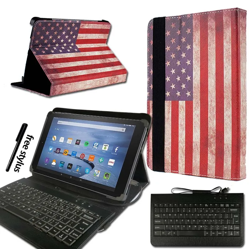 KK&LL для Amazon Fire HD 8(6th/7th/8th Gen, выпуск)-кожаный чехол-книжка для планшета+ клавиатура Micro USB - Цвет: USA American Flag