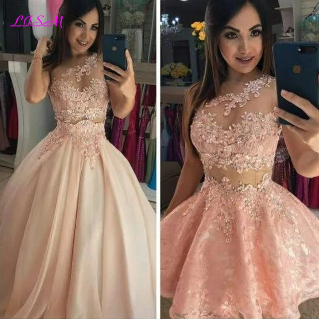 Apliques de encaje Rosa rubor, vestidos de graduación de dos piezas, 2 en  1, un hombro