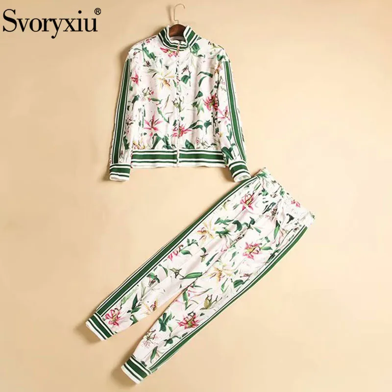 Svoryxiu lily с цветочным принтом осень зима подиумная Мода комплект из двух предметов Женские повседневные свободные брюки Twinset женский