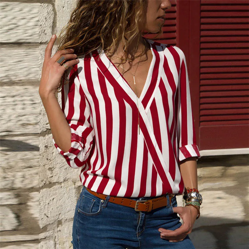 Летняя модная полосатая женская блузка, рубашка с v-образным вырезом и длинным рукавом, повседневные блузки, женские облегающие пляжные блузы, Рубашки, Топы - Цвет: Red