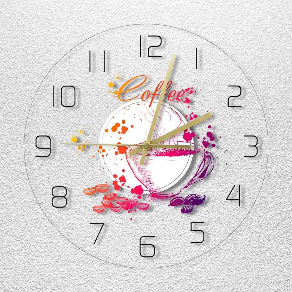 Coffee Theme Modern Acrylic Wall Clock Coffee House Cafe Bar Decorative Wall Sign Painted Coffee Beans And Cup Design Wall Watch