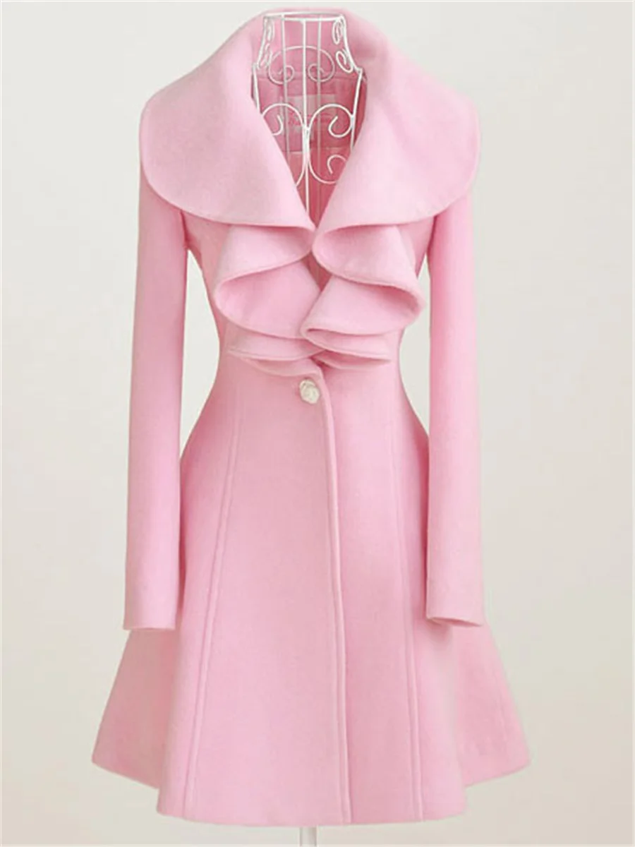 Winter women long coat vintage comfortable warm winter button ruffle solid lady sweeter work outwear England Wool Blends 2018 | Женская