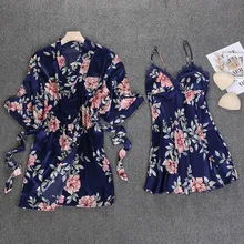 Новинка темно-синего цвета для женщин m-xxl 2 шт. топ на бретелях Пижама комплекты одежды для сна спальный костюм сексуальное кимоно без рукавов халат пижамы