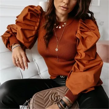 

Women O Neck Tops Sexy Long Lantern Sleeve T-Shirts Modern Ladies Autumn Elegant New Office Work Casual Knitted Slim Classy Top