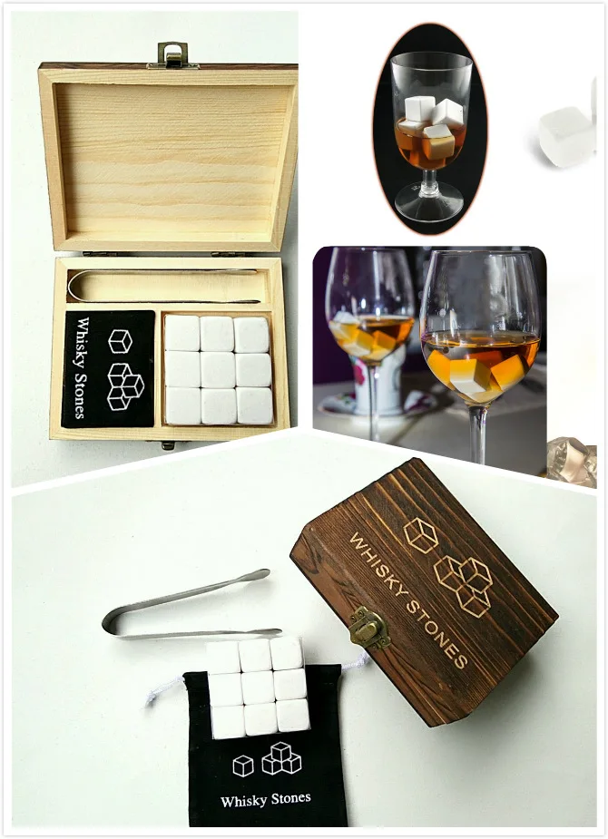 Whisky Stone with Wooden Box& Velvet Bag Whiskey Coolers Rocks Stones Cube Stone 9Pcs/lot whiskey stones