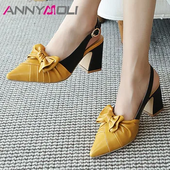 

ANNYMOLI Bow Super High Heels Shoes Slingbacks Women Pumps Pointed Toe Thick Heel Ladies Shoes Summer Party Shoes Yellow Size 43