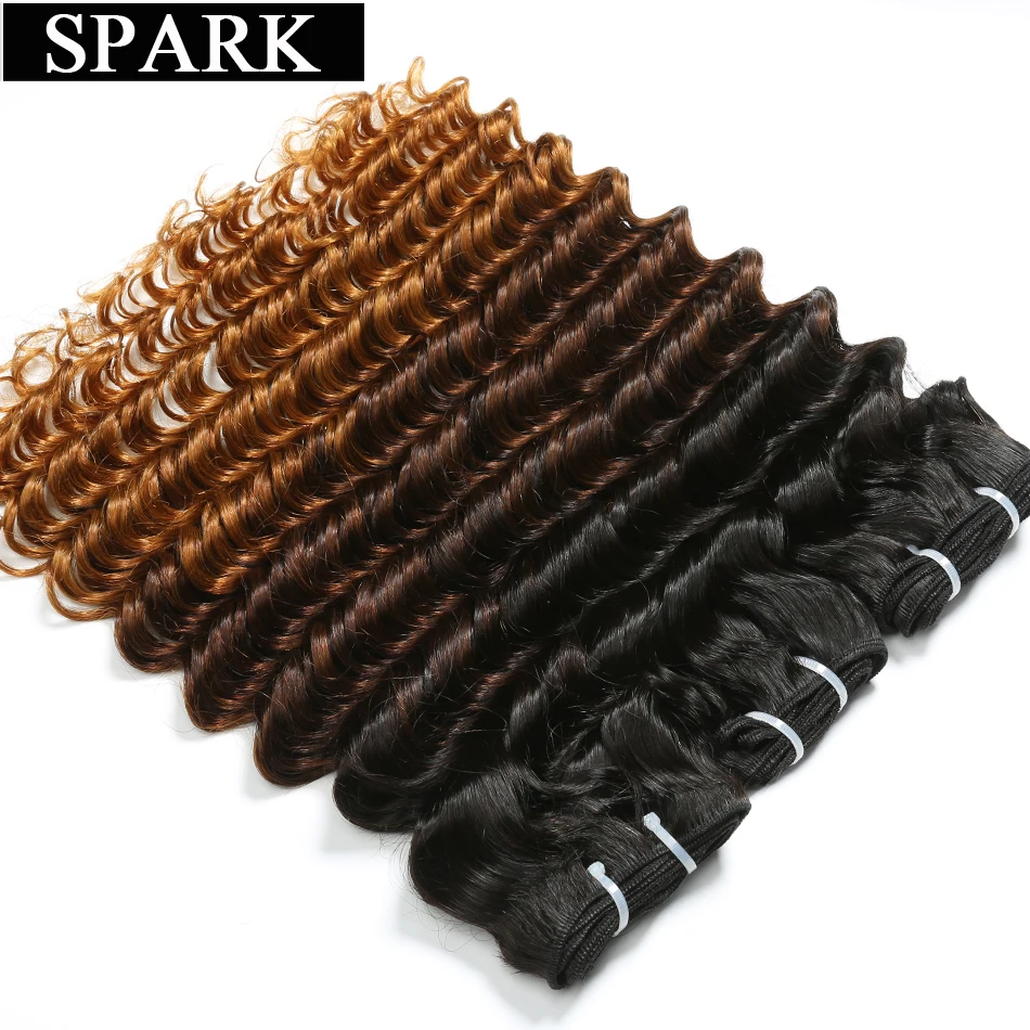 SPARK Омбре Бразильские глубокие волнистые человеческие волосы плетение 4 или 3 пучка с закрытием Remy человеческие пучки волнистых волос с закрытием