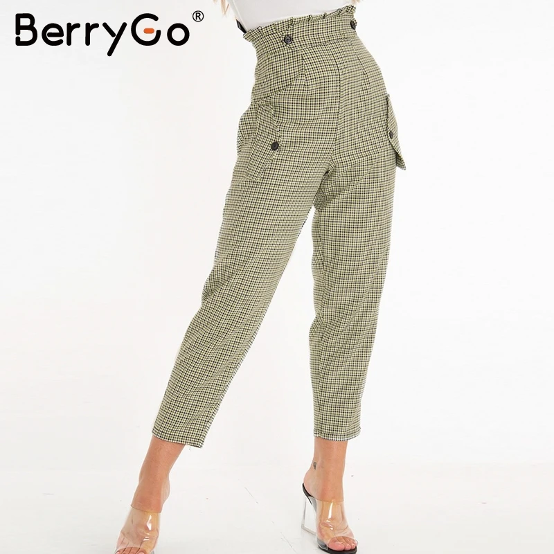 BerryGO клетчатые рабочие штаны для женщин с оборками высокой талией на молнии