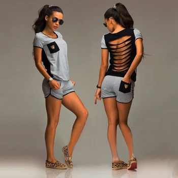 

Party Two Piece Set 2020 Summer Gray Crop Top Round Neck Short Sleeve And Mini Bodycon Shorts Casual Women Outfit Sexy
