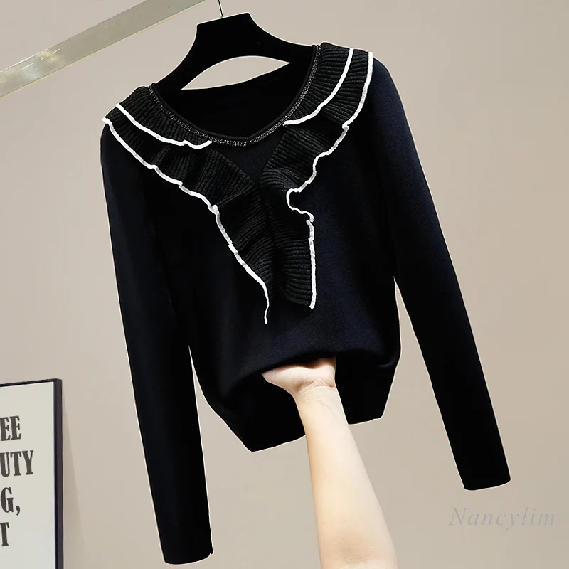

Sweater Diamond Chain Ruffles Stitching Slim Sweater Women's 2020 New All-match Top Sweaters Lady Top Jumper Pull Femme