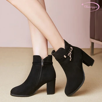 

Party style comfortable round toe flock ankle boots fashion crystal metal zipper high heel thick riding boots women's shoes