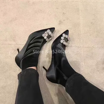 

Satin Fashion Women Shoes Crystal Square Buckles Pointed Toe Stretch Ankle Boots Zip Side Sexy Pointed Toe Woman Shoes
