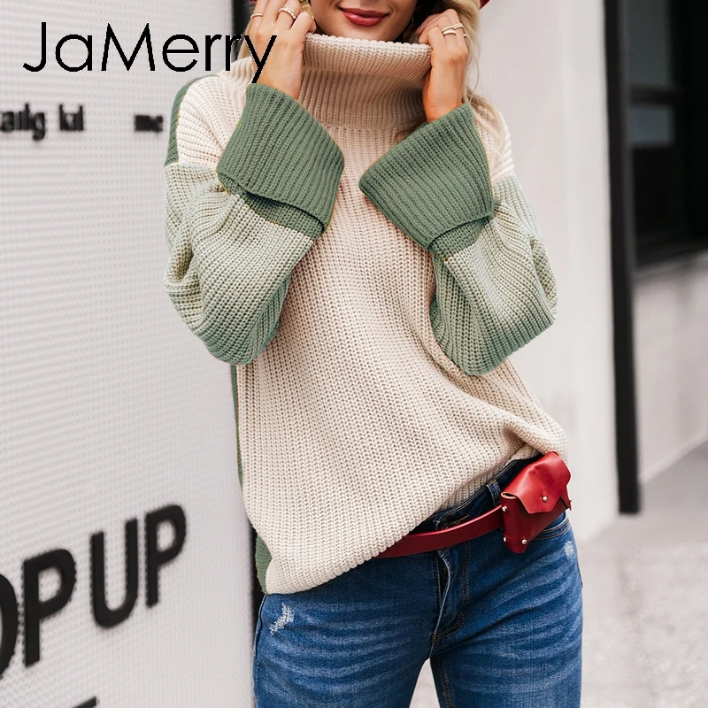 JaMerry винтажные Лоскутные вязаные свитера с высоким воротом Женские повседневные с длинным рукавом корейский пуловер Джемпер женский свитер уличная одежда