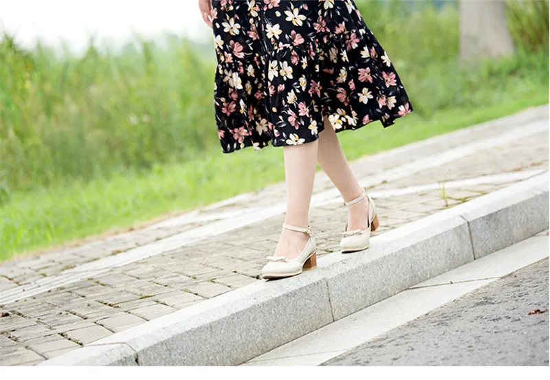 Japanese Buckle Strap Bow Women Oxford High Thick Heels Lolita Shoes British Genuine Leather Single Brogues Shoes Woman Size 43 (9)