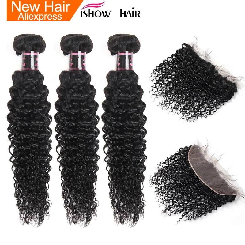 

Ishow Peruvian Hair Bundles With Closure 13*4 Curly Hair Lace Frontal 100% Human Hair Bundles With Closure Pre Plucked Non Remy