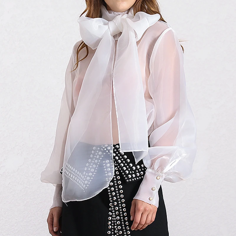 Elegant Perspective Womens Tops And Blouses Lantern Sleeve Lace Up Shirts Female Autumn Fashion New Office Ladies White Tops