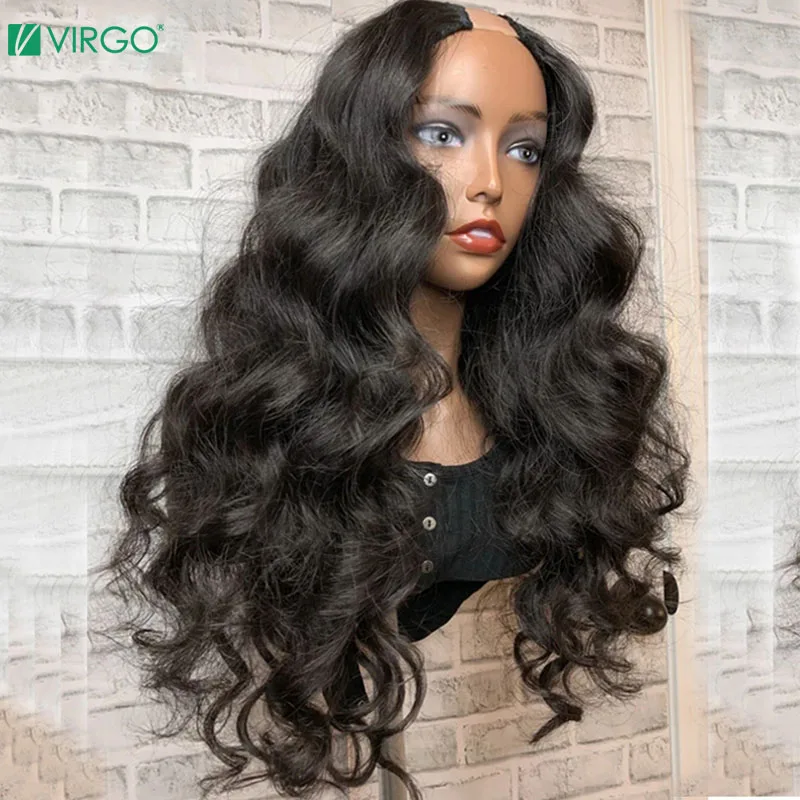 Venta Pelucas Virgo Body Wave U parte para mujeres, pelucas de cabello humano peruano ondulado 150% densidad media en forma de U, pelucas sin pegamento Remy WGwgrMqe9RL