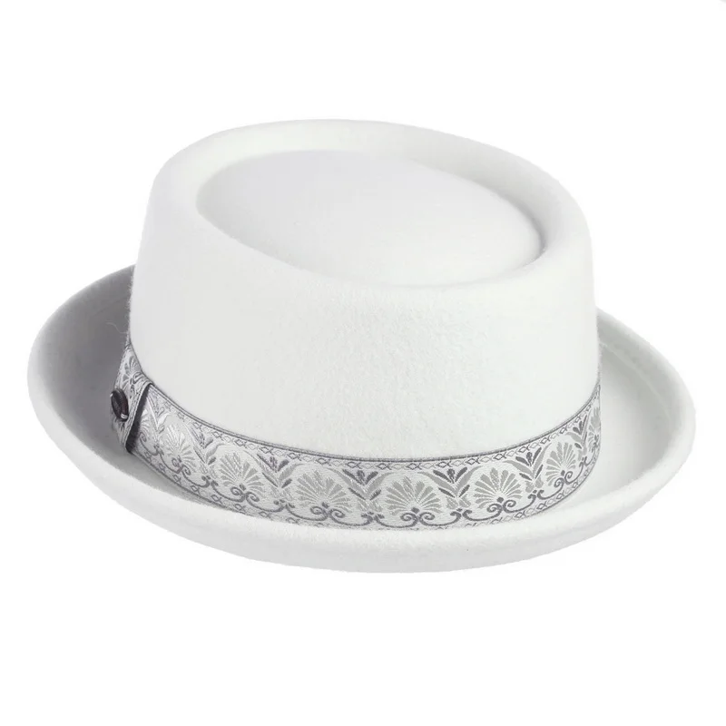 Women fedora hat GEMVIE 100% Wool Men Pork Pie Hat For Dad Uniex White Black Top Hat Lady Gentleman Flat Bowler Porkpie Fedora For Women