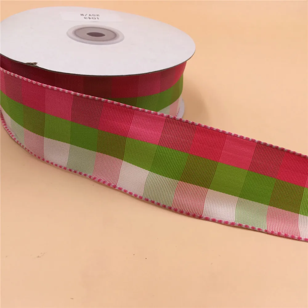 

38MM 25yards Wired Edge Pink/Green Plaid Checked Ribbon for Festival Christmas Decoration New Year Gift Wrapping