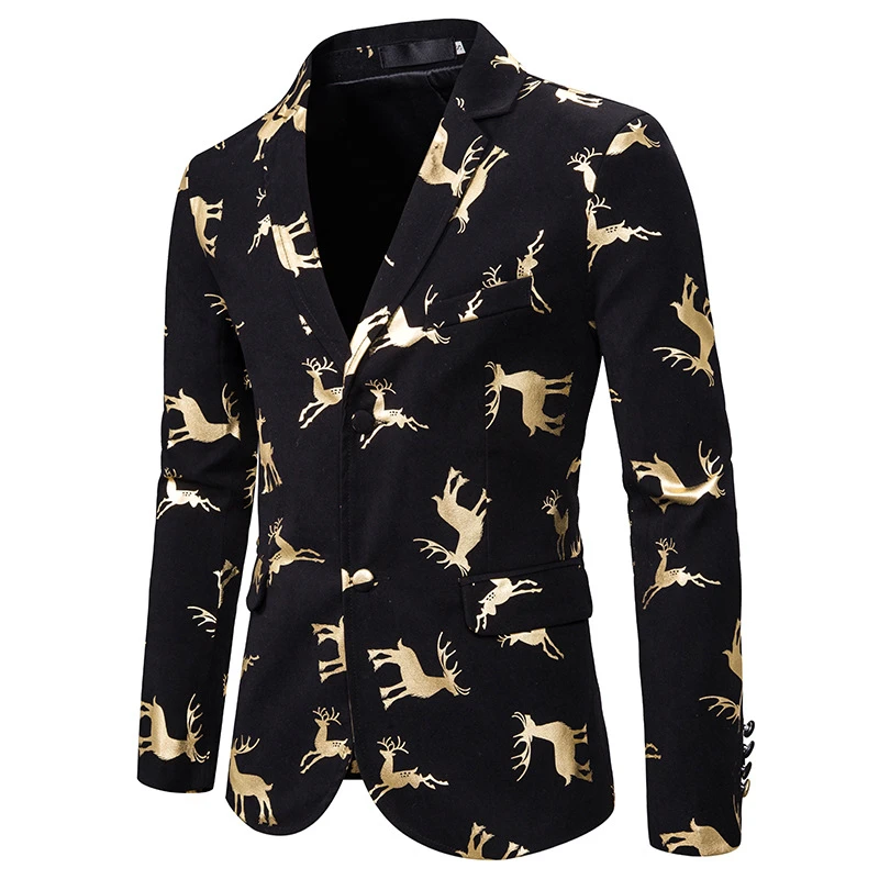 Мужской дизайнерский Рождественский Блейзер, Модный повседневный пиджак с принтом золотого оленя, однобортный пиджак с длинным рукавом
