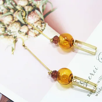 

New Simple Crystal Glass Long Glass Bubble Drop Earrings Retro Brass Geometric Metal Square Dangle Earring Fashion Jewelry 2019