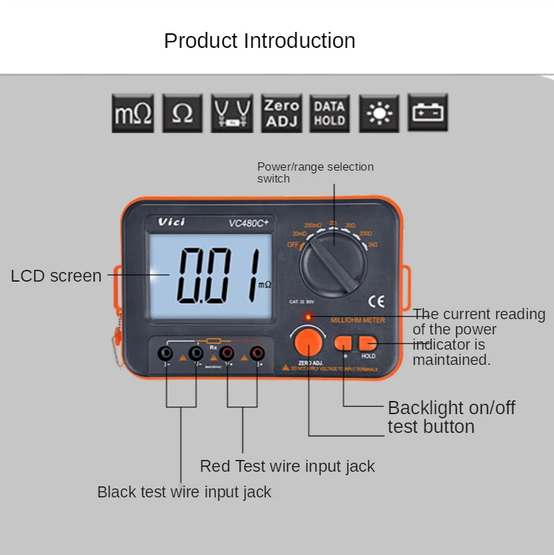 3 1/2 Digital Milli-ohm Meter Accuracy 4 Wire Test Backlight Multimeter  Precision Low Resistance Tester 0.01Mohm to 2Kohm VC480C