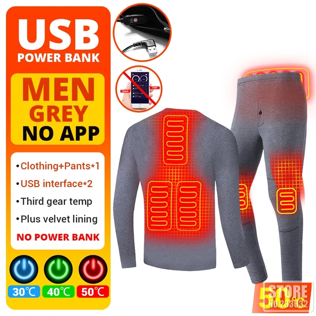 Winter Heated Underwear Suit Smart Phone APP Control Temperature USB Battery Powered  Fleece Thermal Motorcycle Jacket NEW 6 Area Men Grey