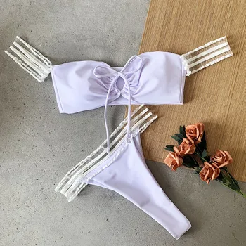 

Outdoor Solid Color Off Shoulder Beach Wear Lace Patchwork Hollow Out Female Bikini High Waist Surfing Sports Sexy Lady Swimsuit