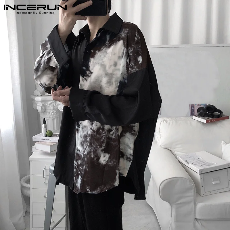 Men Casual Shirt Spring Print Patchwork Lapel Long Sleeve Streetwear Tops Korean Loose Fashion Shirts Long Sleeve Shirt Men Casual Shirt