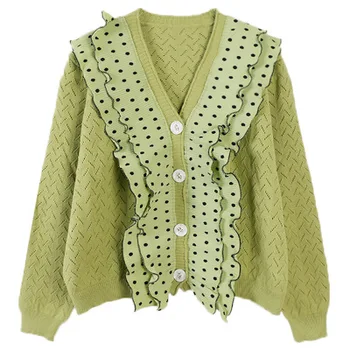 

Makuluya Women's Avocado Green Black White Polka Dot High Street Patchwork Sweet Knitted All-Match Sweaters Short Cardigan L6