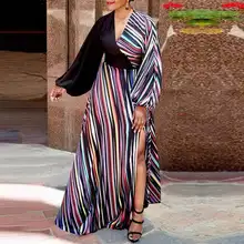 

Party Dress 2022 VONDA Spring Sexy V Neck Side Slit Striped Dresses Women Split Hem Bohemian Vestidos Loose Split Hem Robes
