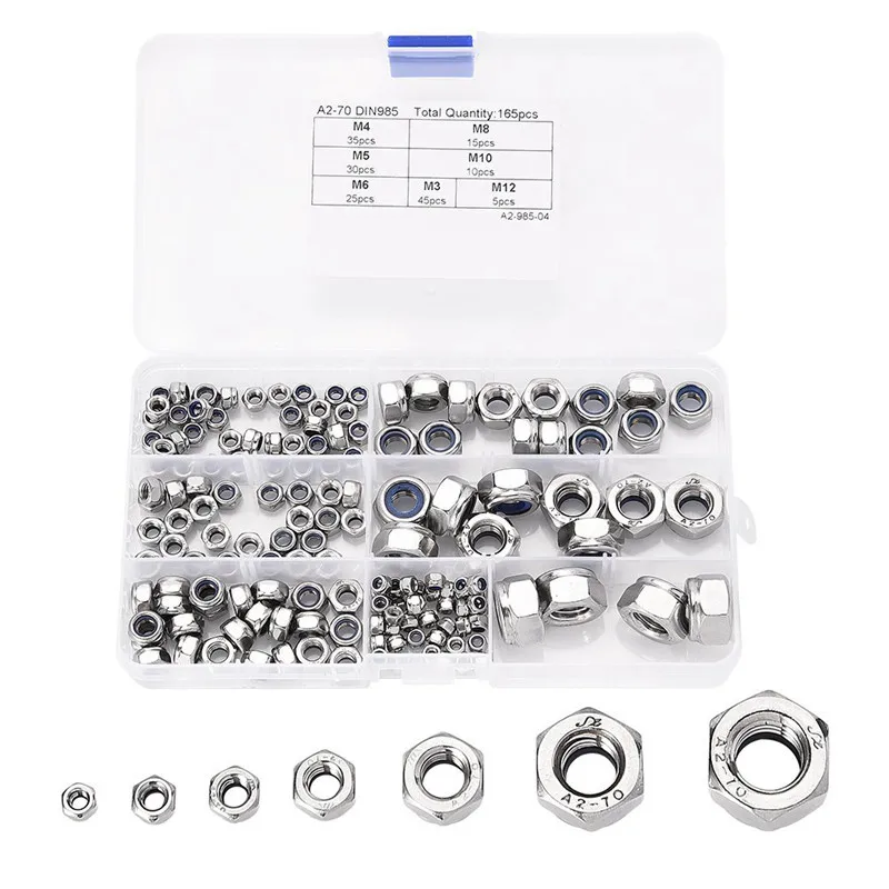 

ABSF 165pcs Assortment Nylon Nut sets, A2-70 Stainless Steel, incl. M3, M4, M5, M6 M8 M10 M12 in a Durable Compartment Box