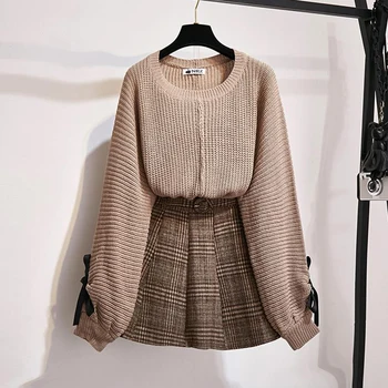 

Two Piece Set Women Knitted Tops and Plaid Skirt Set Korean Student Casual Outfits Fall Winter Matching Set Cloth with Belt A188