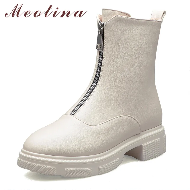 

Meotina Women Boots Autumn Ankle Boots PU Leather Square Heels Short Boots Zipper Round Toe Shoes Female Winter Plus Size 34-43