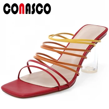 

CONASCO Women Sandals High Heels Narrow Band Women Pumps Fashion Concise Casual Women Slippers Summer 2020 Peep Toe Shoes Woman
