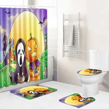 

Pumpkin Shower Curtains Happy Halloween Waterproof Polyester Fabric Shower Curtains Bath Mat U Type Rug O Type Lid Toilet Cover